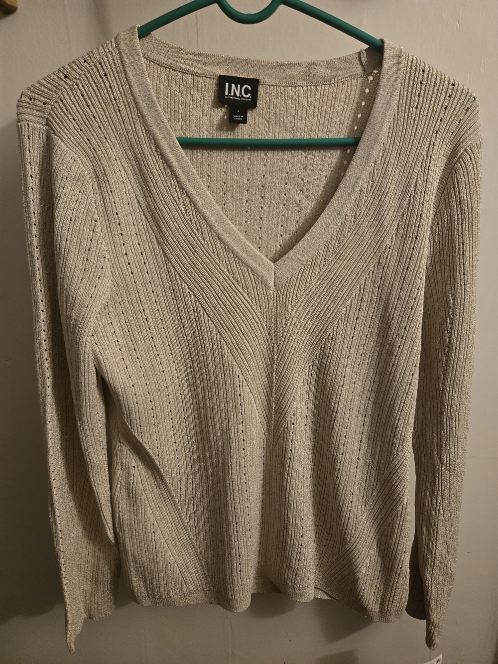 INC International Concepts Neutral Cream V-Neck Ribbed Sweater Glitter